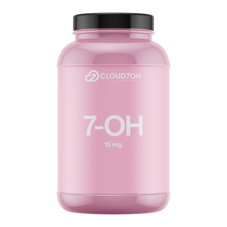 Cloud7OH 7-Hydroxymitragynine 15 mg bottle with pink label and black lid on white background