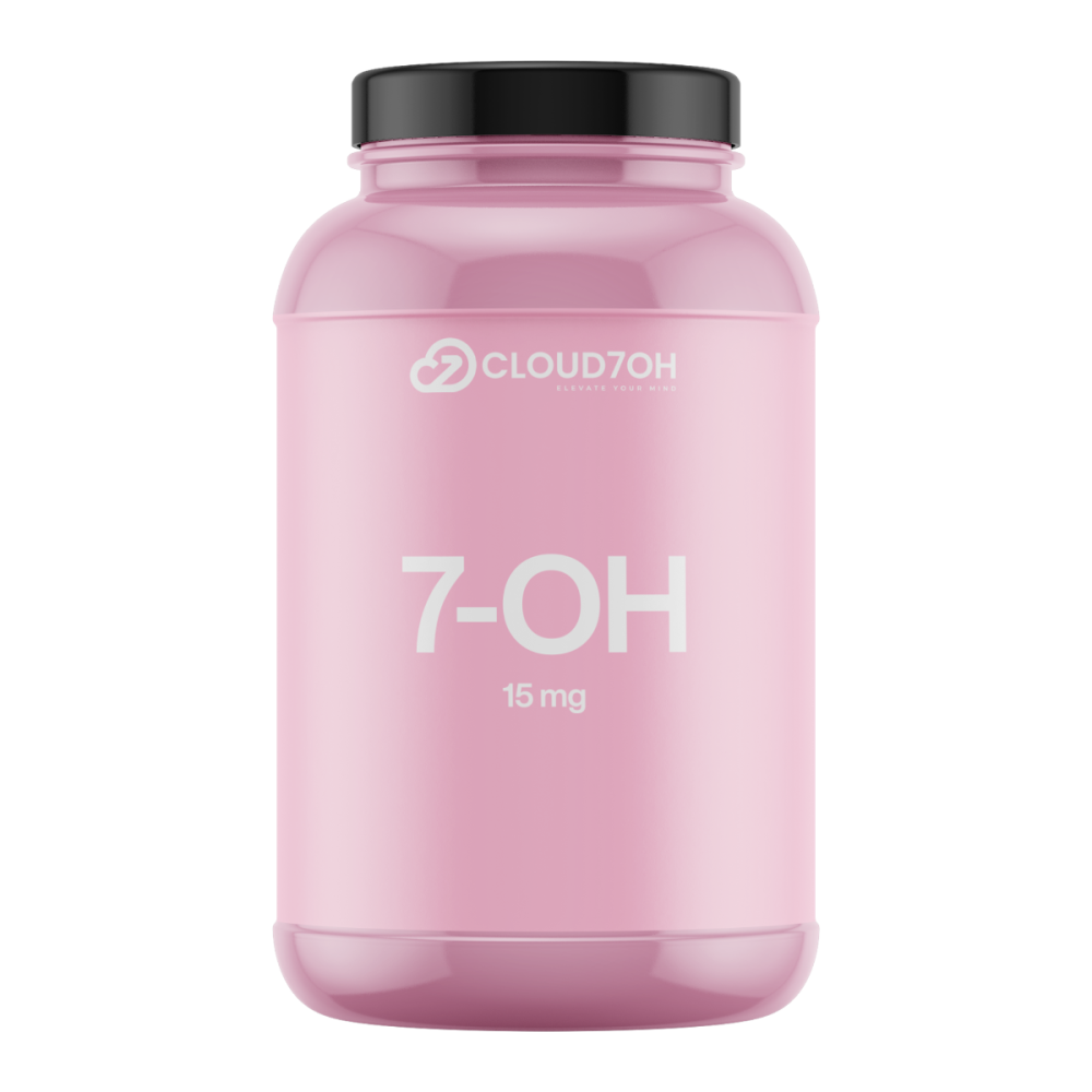 Cloud7OH 7-Hydroxymitragynine 15 mg bottle with pink label and black lid on white background