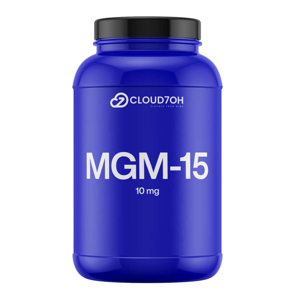 Blue MGM-15 bottle labeled 10 mg by Cloud7OH research compound
