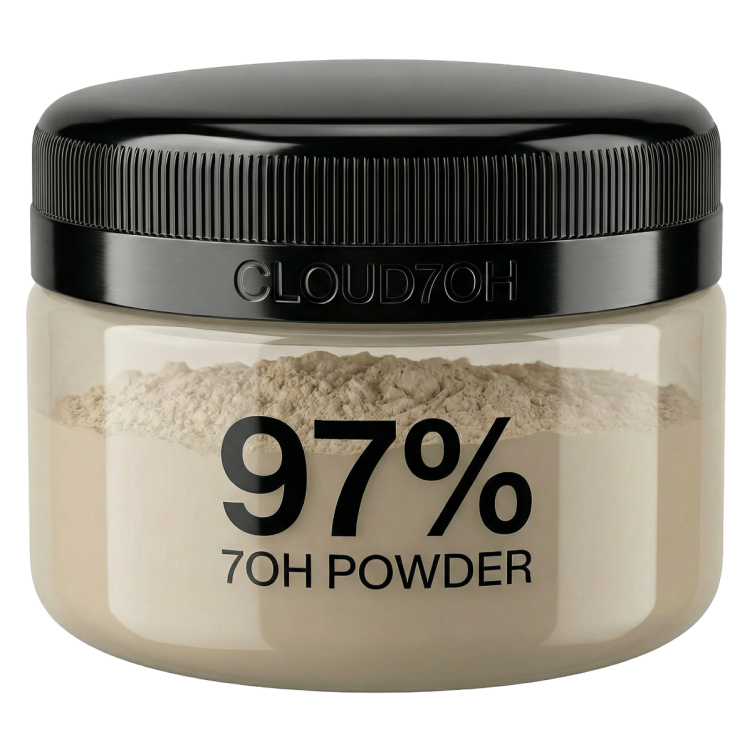 Cloud7OH jar containing beige powder labeled 97% 7OH Powder with black screw-top lid.