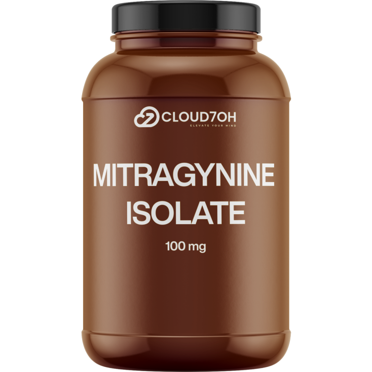 Cloud7OH Mitragynine Isolate 100mg bottle with brown label and black lid on white background