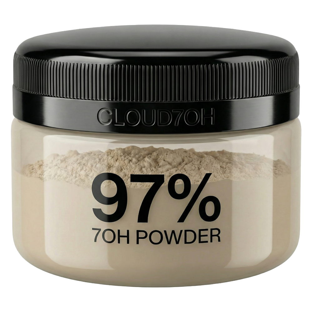 Cloud7OH jar containing beige powder labeled 97% 7OH Powder with black screw-top lid.
