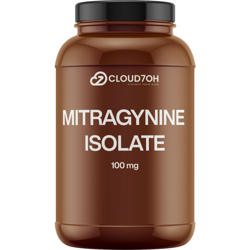 Cloud7OH Mitragynine Isolate 100mg bottle with brown label and black lid on white background