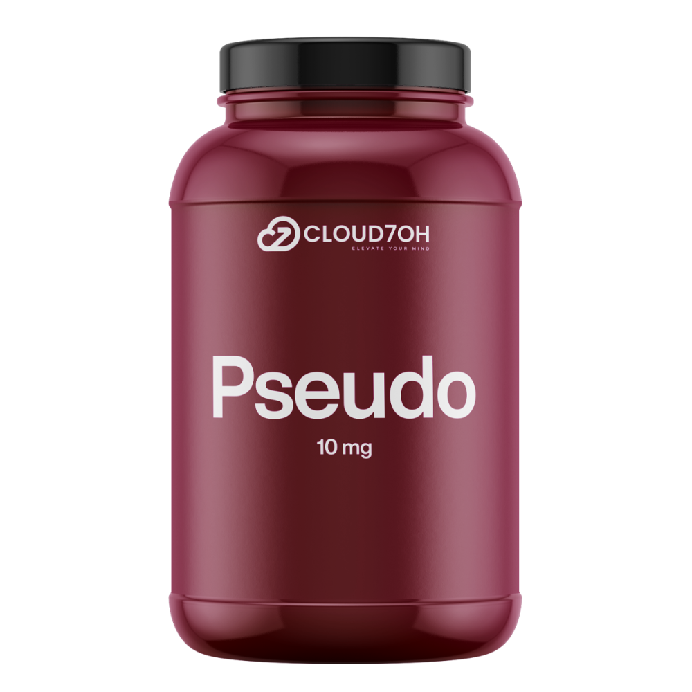 Burgundy Cloud7OH bottle with black lid labeled Psuedo, 10 mg mitragynin pseudoindoxyl