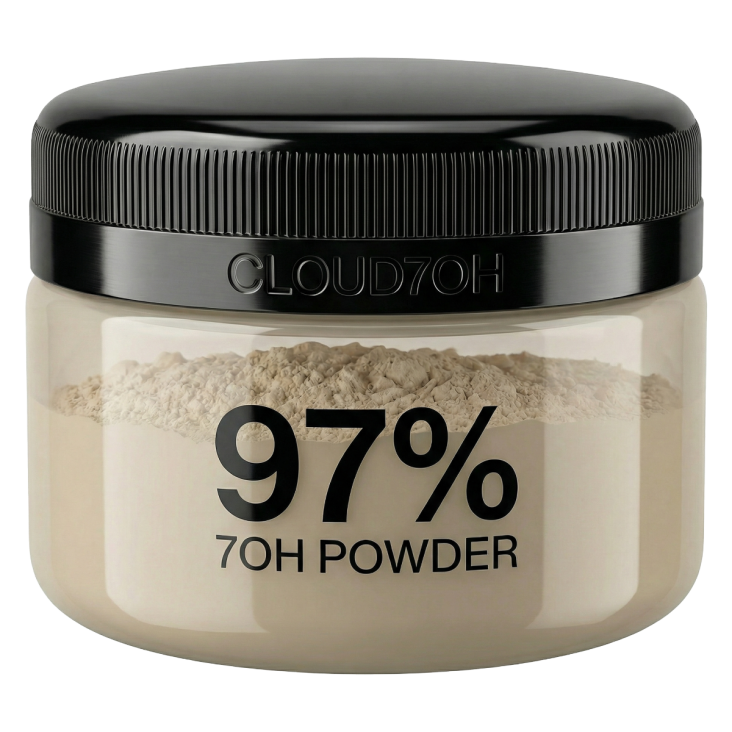 Cloud7OH jar containing beige powder labeled 97% 7OH Powder with black screw-top lid.