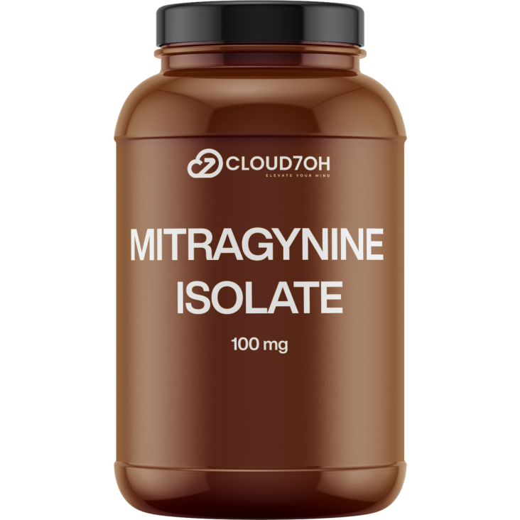 Cloud7OH Mitragynine Isolate 100mg bottle with brown label and black lid on white background