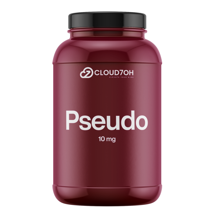 Burgundy Cloud7OH bottle with black lid labeled Psuedo, 10 mg mitragynin pseudoindoxyl